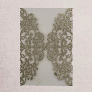 This is a green vellum wedding invitations by Papel Custom Design called qty of 50 custom stunning lace glitter champagne gold laser cut gatefold | other color options available in standard