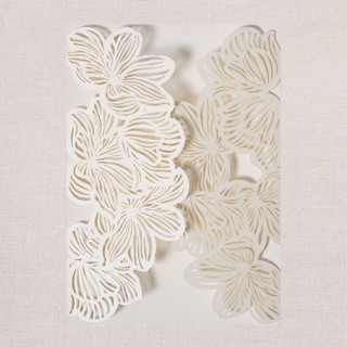 This is a beige vellum wedding invitations by Papel Custom Design called qty of 50 custom ivory shimmer exquisite flower laser cut gatefold pocket wedding invitations | other color options available in standard