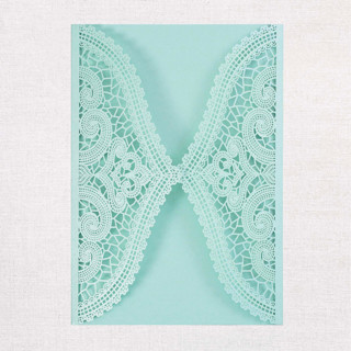 This is a blue vellum wedding invitations by Papel Custom Design called qty of 50 custom tiffany blue shimmer chantilly lace invitation pocket | other color options available in standard