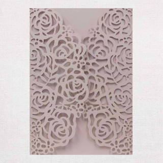 This is a brass vellum wedding invitations by Papel Custom Design called qty of 50 custom blush shimmer rose design laser cuts with mailing envelopes in standard
