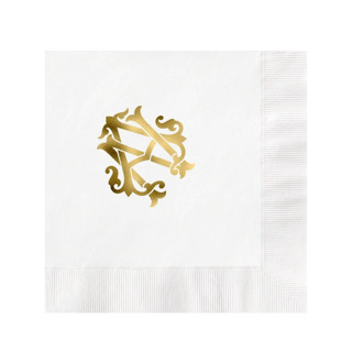 This is a white decorative paper napkins by Papel Custom Design called custom monogram featuring chic font gold foil on white napkin - pack of 100 in standard