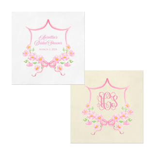 This is a white decorative paper napkins by Papel Custom Design called custom pink buttercup crest napkins- pack of 100 napkins in standard