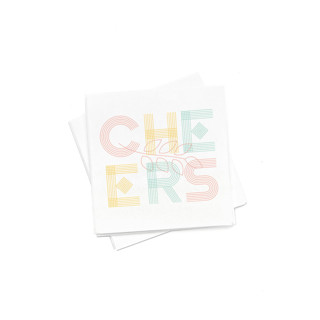 This is a white decorative paper napkins by ForYourParty called neon cheers napkin pack, cocktail size, pack of 50 in standard