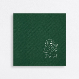 This is a green decorative paper napkins by Papel Custom Design called “i do, too!” golden retriever wedding cocktail napkins green in standard