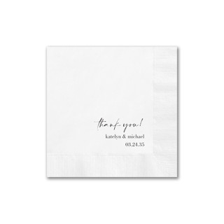 This is a white decorative paper napkins by Papel Custom Design called thank you napkin with names & date in standard