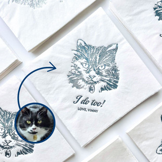 This is a white decorative paper napkins by Alyssa Cook called personalized pet portrait bar napkin | set of 50 | cat illustration cocktail napkin in standard