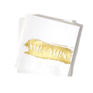 This is a white decorative paper napkins by ForYourParty called mr + mrs napkin pack, cocktail size, pack of 50 in standard