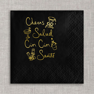 This is a black decorative paper napkins by Orchid Studio called cheers, salud, cin cin, santé cocktail napkins - black napkins (set of 20) in standard