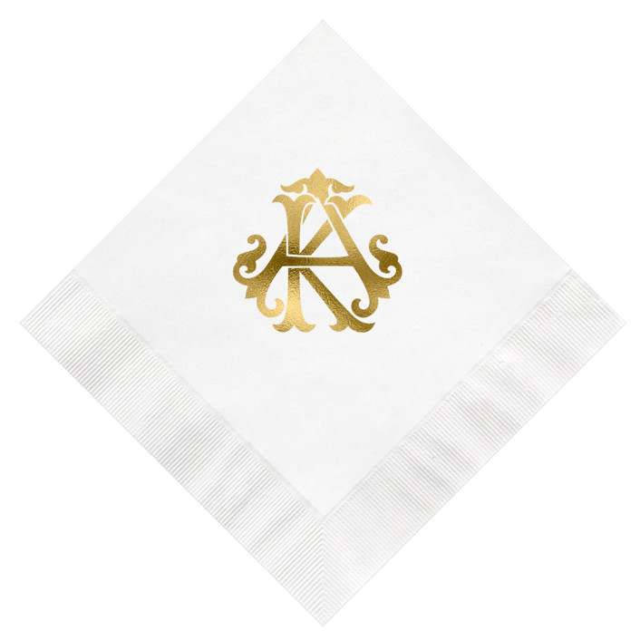 AK or KA Monogram Featuring Chic Font Gold Foil on White Napkin Wedding