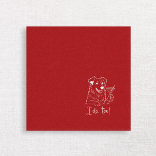 This is a red decorative paper napkins by Papel Custom Design called “i do, too!” australian shepherd wedding cocktail napkins red in standard