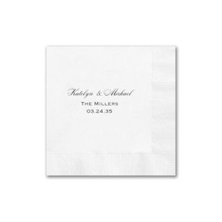 This is a white decorative paper napkins by Papel Custom Design called custom napkin with names and date in standard