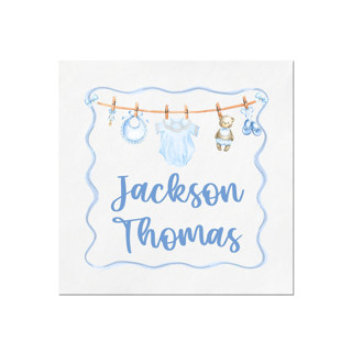 This is a white decorative paper napkins by Papel Custom Design called baby boy vintage clothesline personalized shower cocktail napkins | pack of 50 in standard
