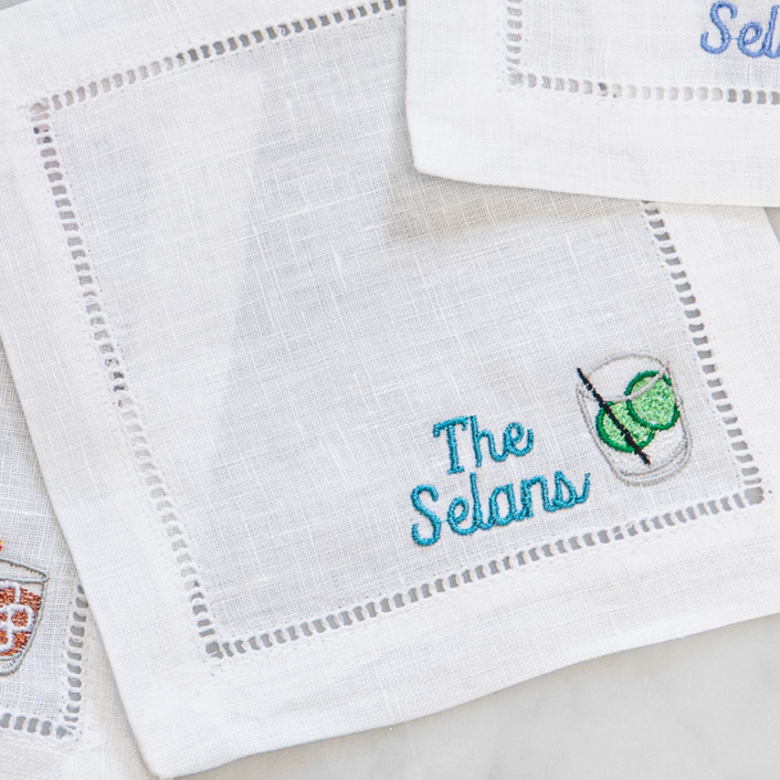 Set of 6 Embroidered Cocktail Napkins with Gin & Tonic with Minimalist