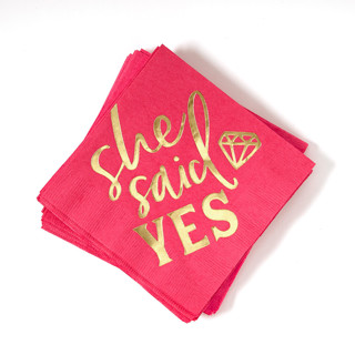 This is a pink decorative paper napkins by ForYourParty called she said yes napkin pack, cocktail size, pack of 50 in standard