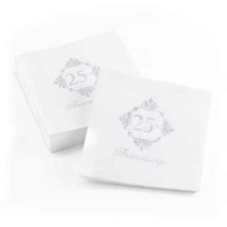 This is a white decorative paper napkins by Papel Custom Design called silver 25th anniversary beverage napkins - pack of 50 in standard