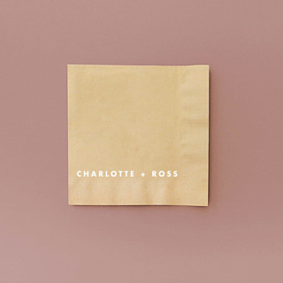This is a beige decorative paper napkins by ForYourParty called simple block names statement napkin, cocktail size, set of 50 in standard