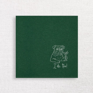 This is a green decorative paper napkins by Papel Custom Design called “i do, too!” bulldog wedding cocktail napkins green in standard