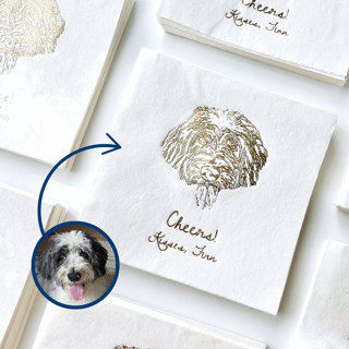 This is a white decorative paper napkins by Alyssa Cook called personalized pet portrait bar napkin | set of 50 | dog illustration cocktail napkin in standard