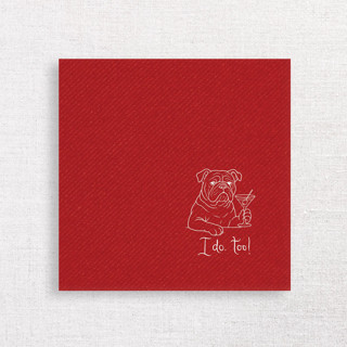 This is a red decorative paper napkins by Papel Custom Design called “i do, too!” bulldog wedding cocktail napkins red in standard