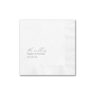 This is a white decorative paper napkins by Papel Custom Design called modern script names and date napkin in standard