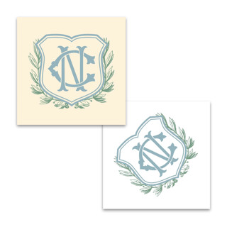 This is a white decorative paper napkins by Papel Custom Design called custom dusty blue green canton crest- pack of 100 in standard