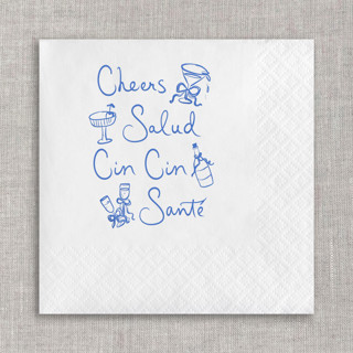 This is a white decorative paper napkins by Orchid Studio called cheers, salud, cin cin, santé cocktail napkins - white napkins (set of 20) in standard