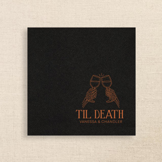 This is a black decorative paper napkins by Papel Custom Design called “til death” black linen-like napkin with skeleton toast design in standard