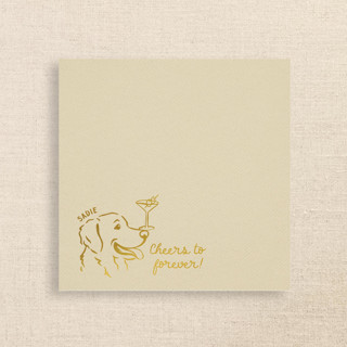 This is a beige decorative paper napkins by Papel Custom Design called personalized dog name linen-like napkin with “cheers to forever!” in standard