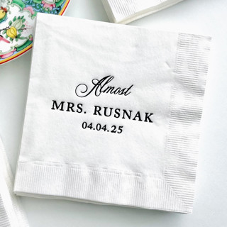 This is a white decorative paper napkins by Alyssa Cook called custom bridal shower napkin | almost mrs cocktail napkin | set of 50 in standard