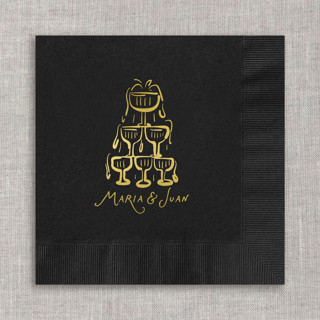 This is a black decorative paper napkins by Maria Ferrer G. called customizable champagne tower cocktail napkins - black napkins (set of 100) in standard