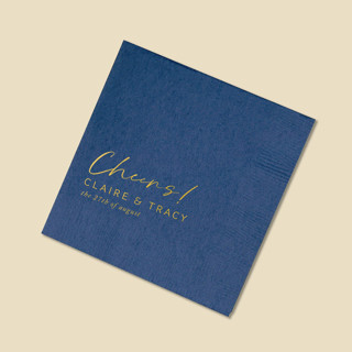 This is a white decorative paper napkins by ForYourParty called script cheers names napkin, cocktail size, set of 100 in standard