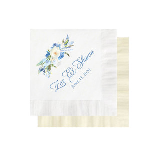 This is a multicolorassorted-colors decorative paper napkins by Papel Custom Design called dusty blue floral personalized wedding napkins - pack of 100 in standard