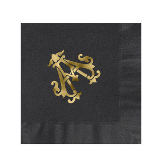 This is a black decorative paper napkins by Papel Custom Design called custom monogram featuring chic font gold foil on black napkin - pack of 100 in standard