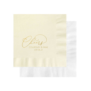 This is a multicolorassorted-colors decorative paper napkins by Papel Custom Design called custom foil cheers wedding napkins | pack of 100 in standard