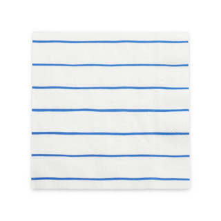 This is a blue decorative paper napkins by Jollity and Co called cobalt frenchie stripes large napkins in standard
