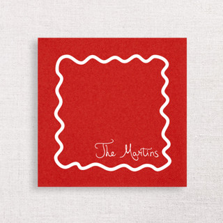 This is a red decorative paper napkins by Papel Custom Design called personalized holiday wavy border premium cocktail napkins | pack of 50 premium quality in standard