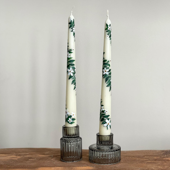 Ivory with Greenery and White Floral Hand-Painted Taper Candles, Set of 2