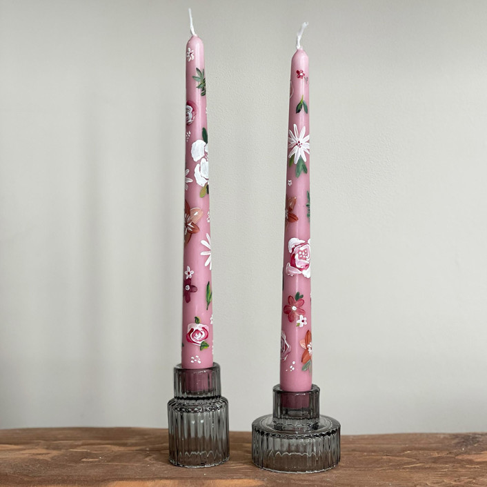 Pink and White Floral Hand-Painted Taper Candles, Set of 2