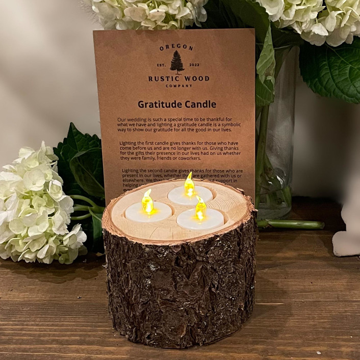 Rustic Wood Wedding Gratitude Candle, Flameless LED