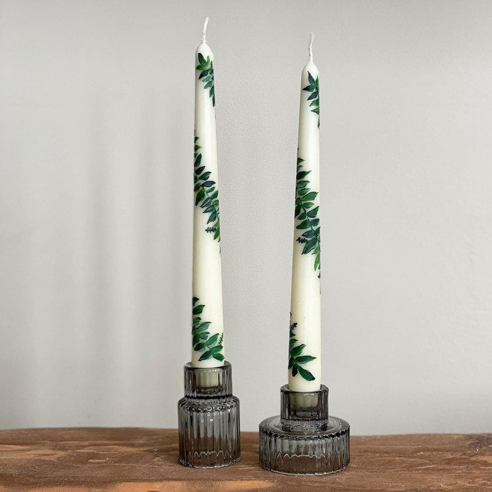 Ivory with Greenery Hand-Painted Taper Candles, Set of 2