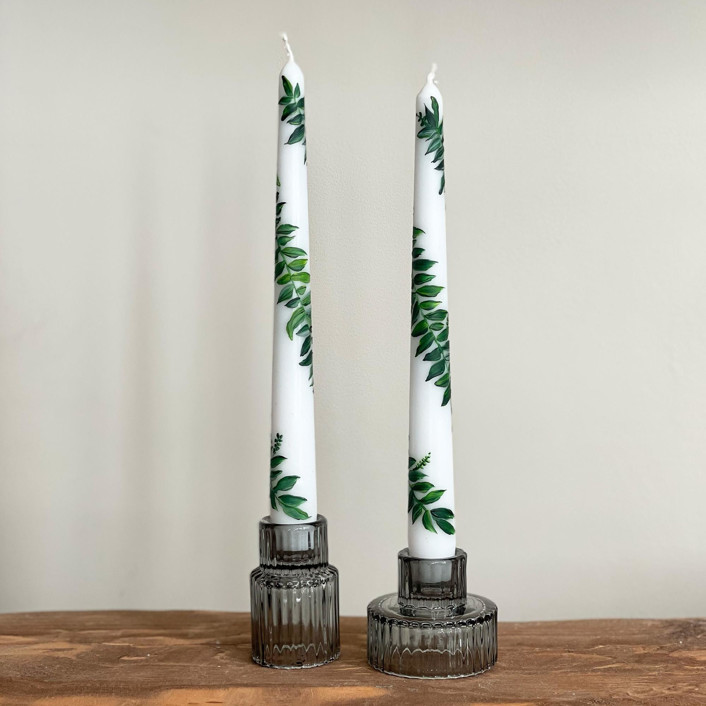 White with Greenery Hand-Painted Taper Candles, Set of 2