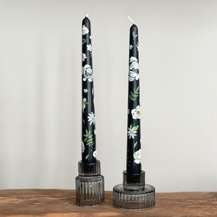 Black with White Floral Hand-Painted Taper Candles, Set of 2