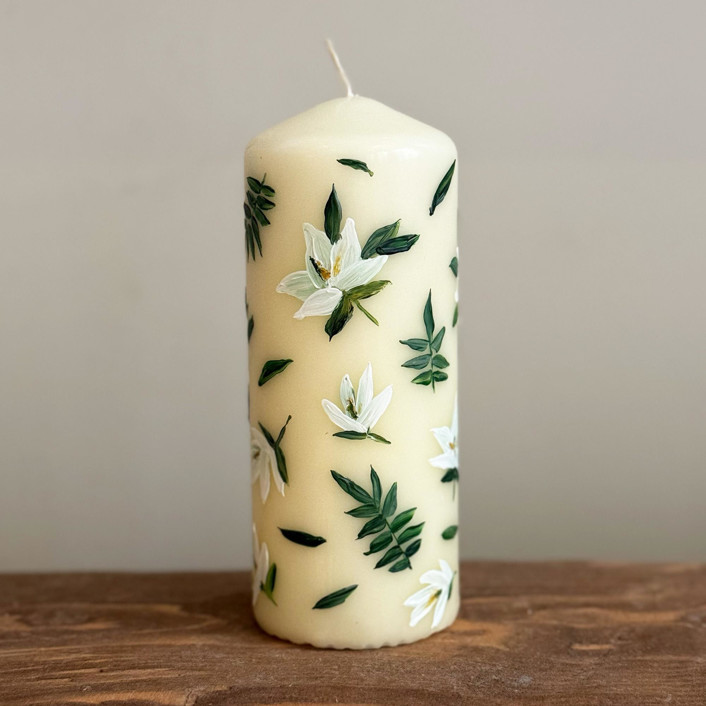 Ivory Pillar with Magnolia Flowers and Greenery, Set of 1