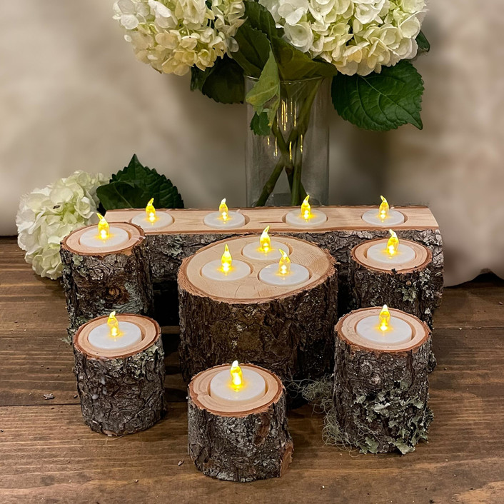 Rustic Wood Modern Log LED Tea Light Candles, Set of 7