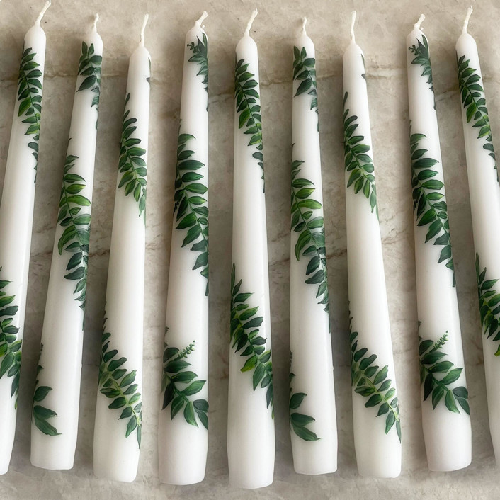 White with Greenery HandPainted Taper Candles, Set of 10 Wedding