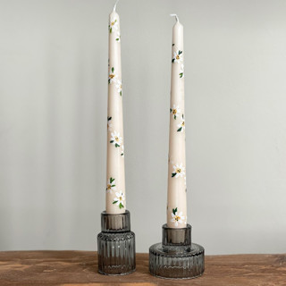 Ivory with White Floral Hand-Painted Taper Candles, Set of 2 by Ashley Myers