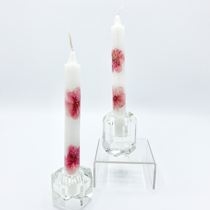 Pink Pressed Flower White Taper Candle Set Of 2