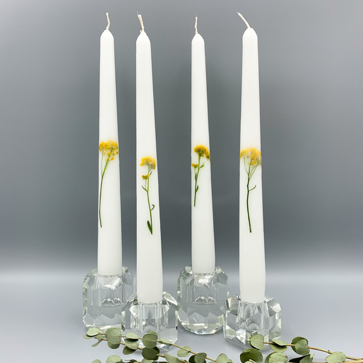 Yellow Alyssum Pressed Flower White Taper Candle Set Of 4