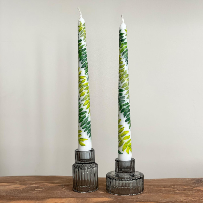 White with Double Greenery Hand-Painted Taper Candles, Set of 2