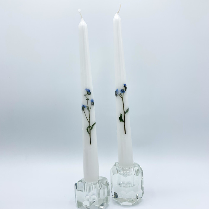 Blue Forget Me Not Pressed Flower White Taper Candle Set Of 2